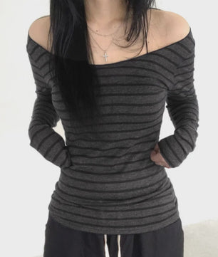 Dames Off-Shoulder Gestreept T-shirt met Lange Mouwen - Y2K Street Style