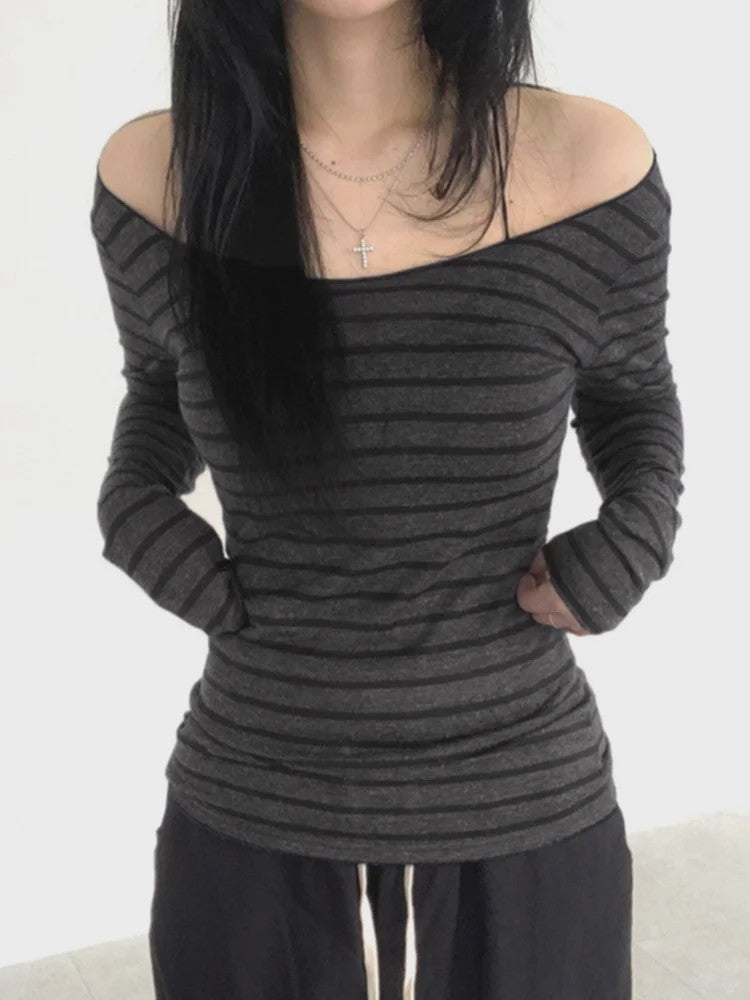 Dames Off-Shoulder Gestreept T-shirt met Lange Mouwen - Y2K Street Style