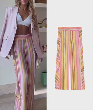 Dames Wide Leg Pantalon met Kleurrijke Strepen - Casual & Modieus