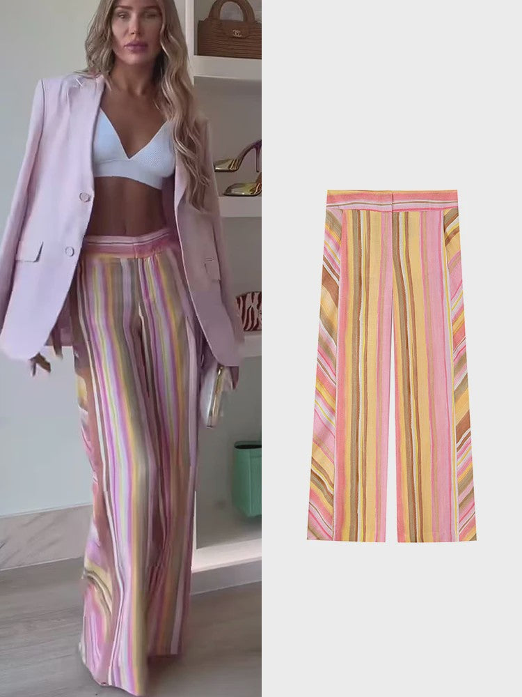 Dames Wide Leg Pantalon met Kleurrijke Strepen - Casual & Modieus