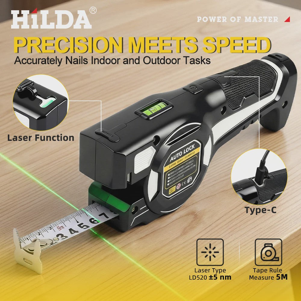 HILDA Laser Meetlint met Groen Laserwaterpas & Automatische Vergrendeling - USB Oplaadbaar