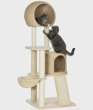 PawHut Kattenboom met Krabpaal, 2 Niche Huizen, Platform, Hangmat & Waterhyacint Mand - 60x60x150 cm Beige