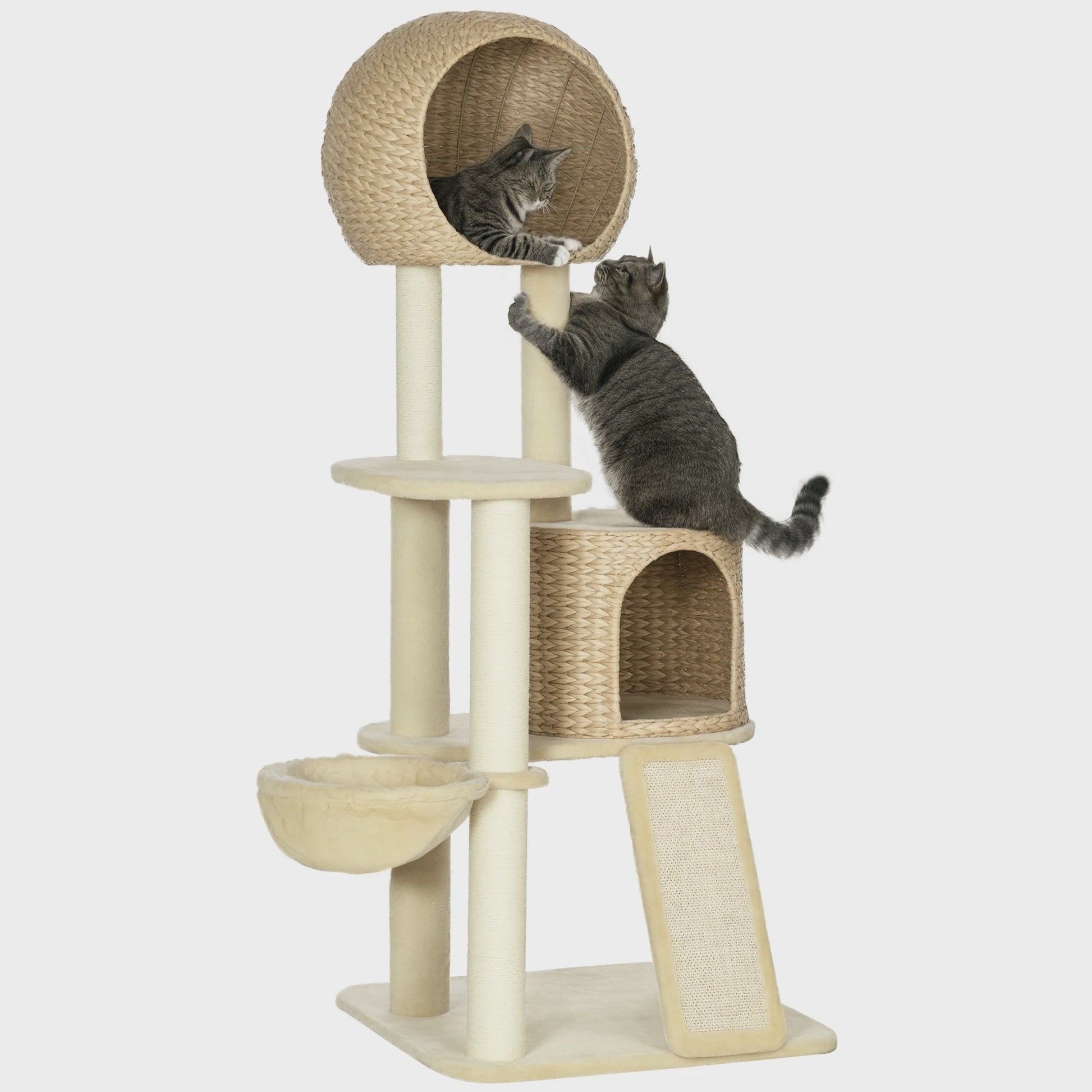 PawHut Kattenboom met Krabpaal, 2 Niche Huizen, Platform, Hangmat & Waterhyacint Mand - 60x60x150 cm Beige