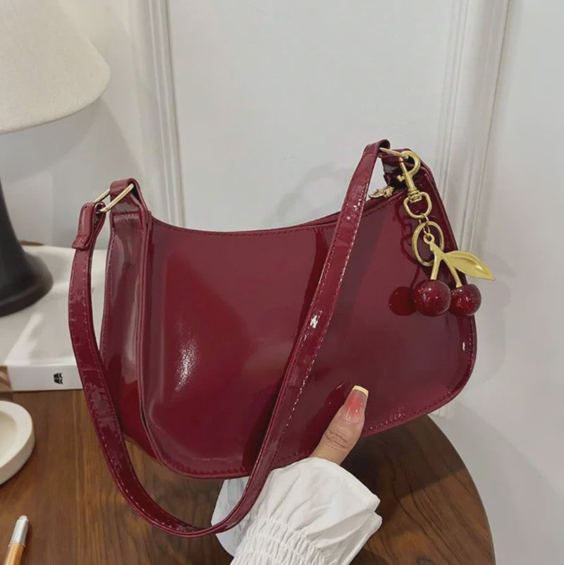Retro PU Leren Schoudertas Dames met Kersenhanger - Vintage Crossbody Tas