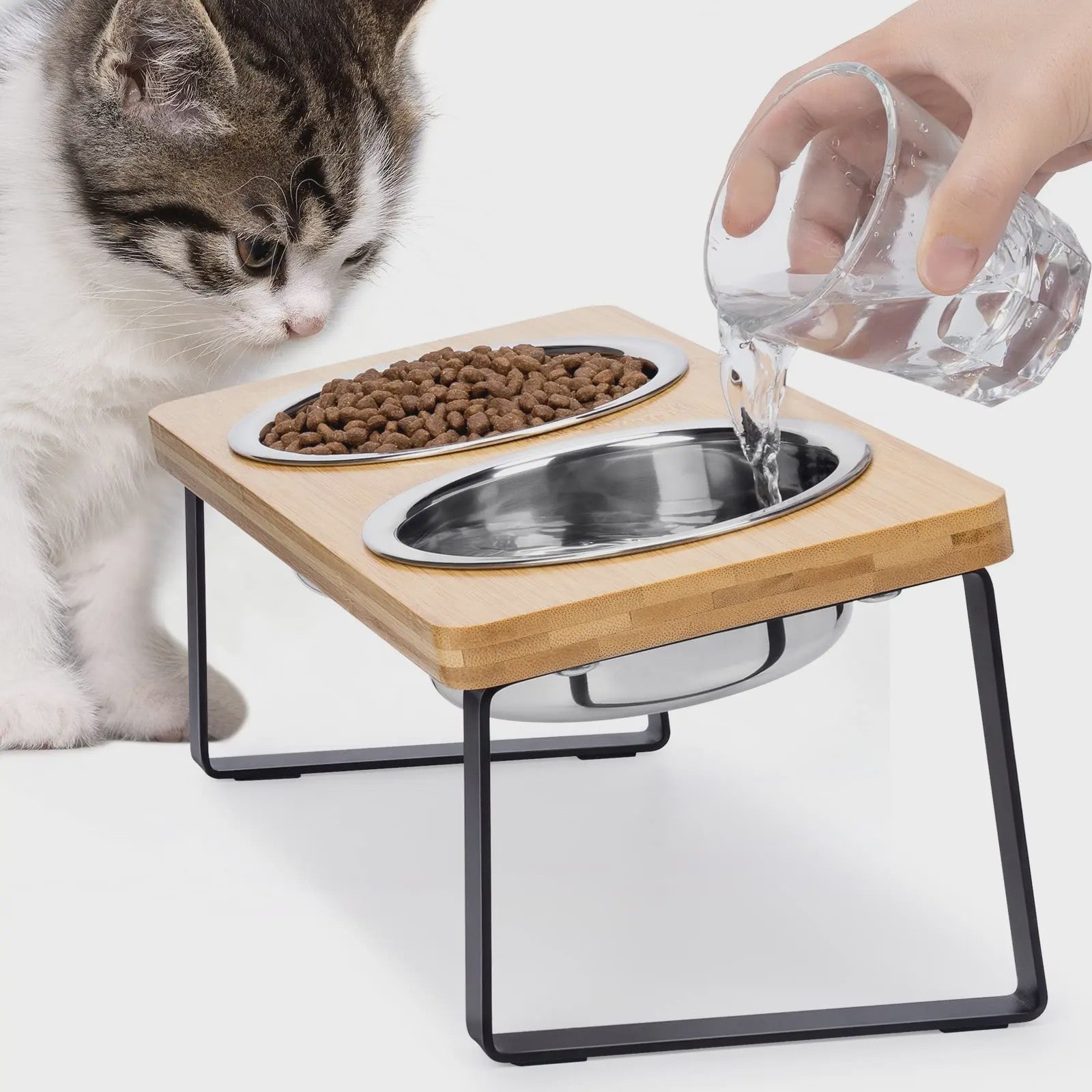 Verhoogde Kattenbakken met Houten Standaard - 15° Kantelbaar, 2 RVS Voerbakken voor Katten & Puppy's