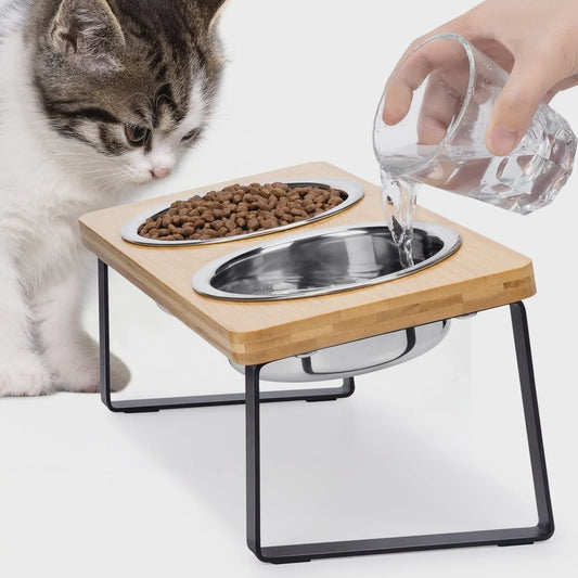 Verhoogde Kattenbakken met Houten Standaard - 15° Kantelbaar, 2 RVS Voerbakken voor Katten & Puppy's
