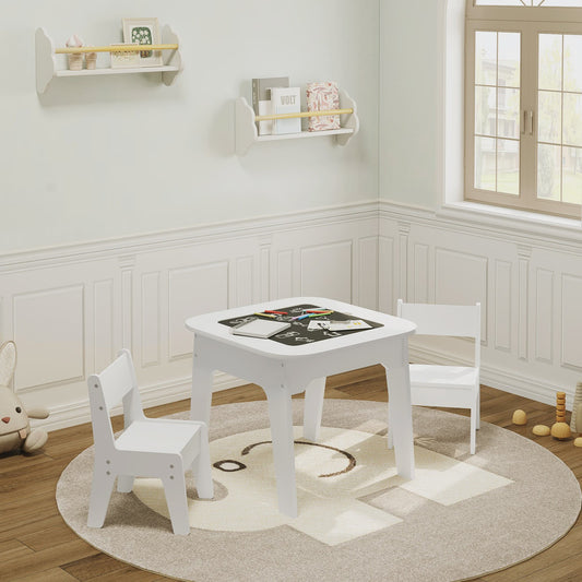 Witte Kinderbureau met 2 Stoelen, Opbergruimte en Dubbelzijdig Tafelblad