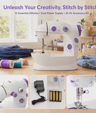Draagbare Elektrische Naaimachine - 12 Steken, AC/Batterij, 32-delige Accessoireset - Ideaal voor Beginners & DIY