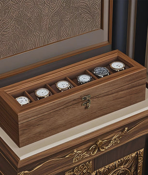Luxe Houten Horlogedoos met 6 Vakken en Glazen Deksel - Stijlvolle Opberger