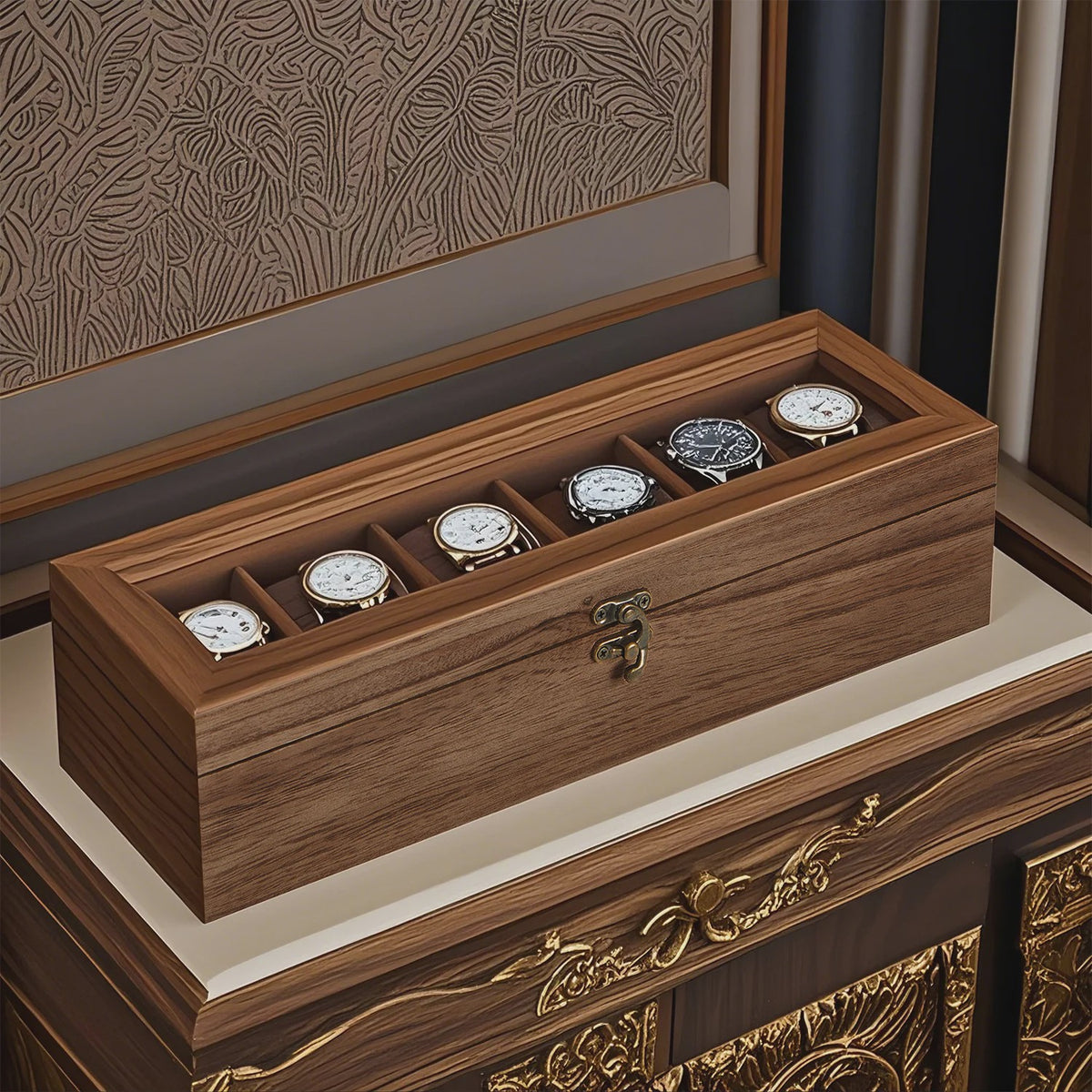 Luxe Houten Horlogedoos met 6 Vakken en Glazen Deksel - Stijlvolle Opberger
