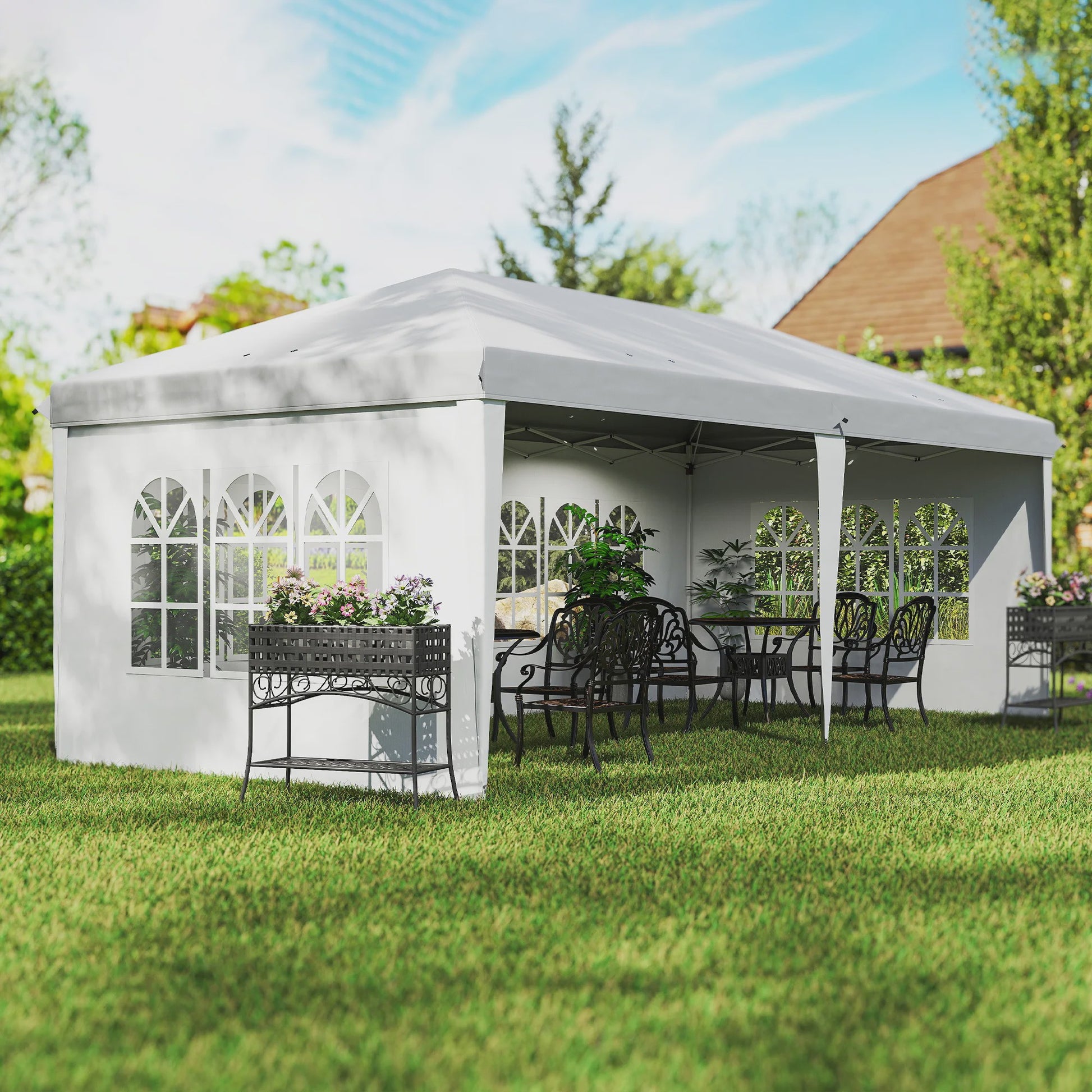 Outsunny Partytent 6x3m Pop-Up Gazebo met 4 Afneembare Zijwanden en Ramen, Waterdicht, UV-beschermend, Wit
