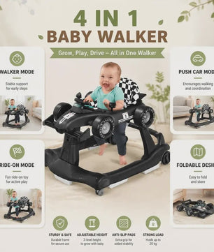 4-in-1 Baby Walker Raceauto - Verstelbaar, Opvouwbaar & Veilig