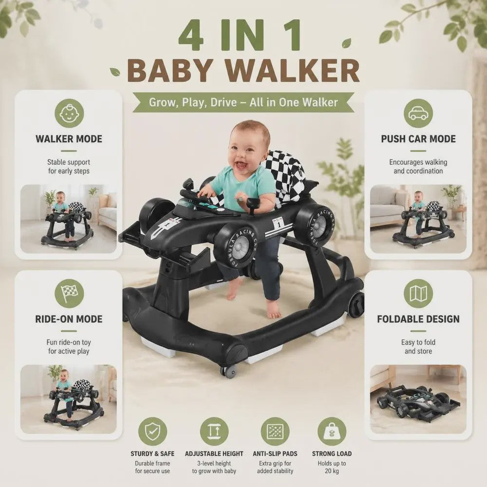 4-in-1 Baby Walker Raceauto - Verstelbaar, Opvouwbaar & Veilig