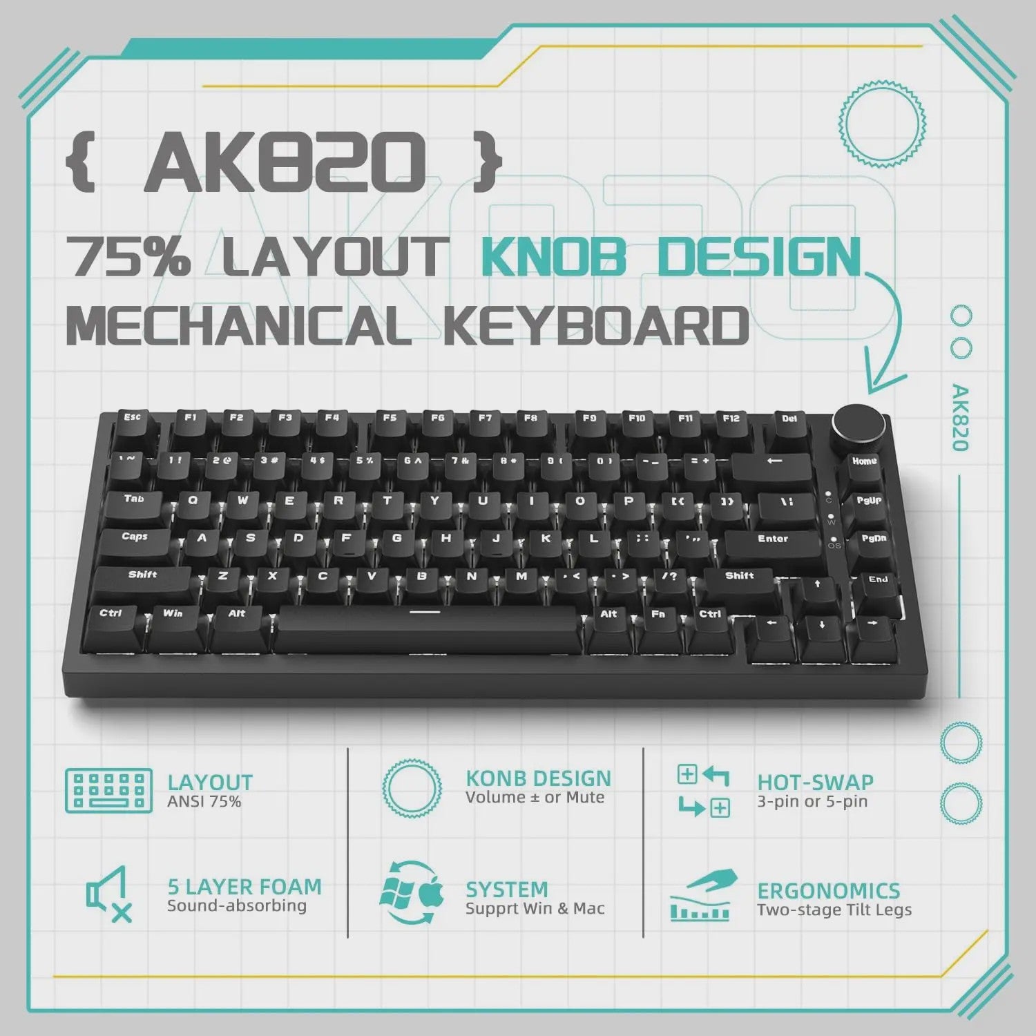 AJAZZ AK820 Mechanisch Gaming Toetsenbord 75% Layout met Volumeknop & RGB