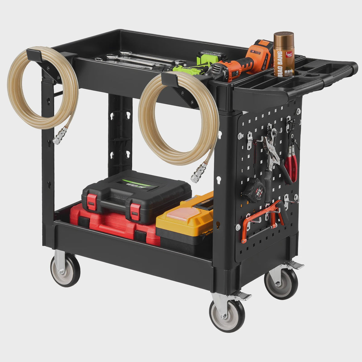 Robuuste Werkplaatswagen met 2 etages, 250 kg draagvermogen en pegboard