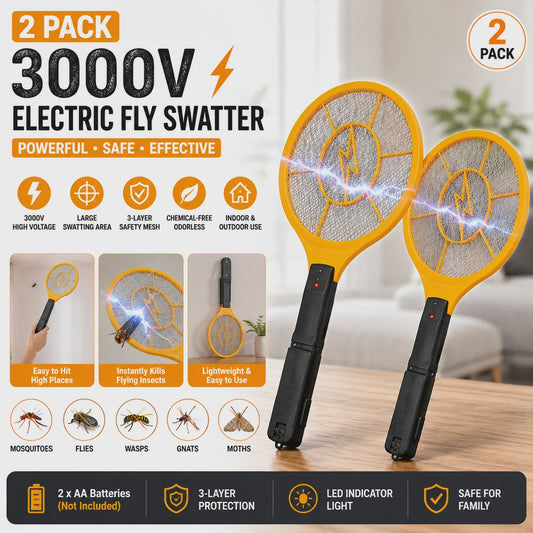 Elektrische Vliegenmepper Set (2 stuks) - 3000V, Extra Lange Steel, Batterij-Aangedreven