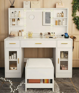 Luxe Kaptafel met Spiegel, Verlichting, Stopcontact & Kruk - Wit