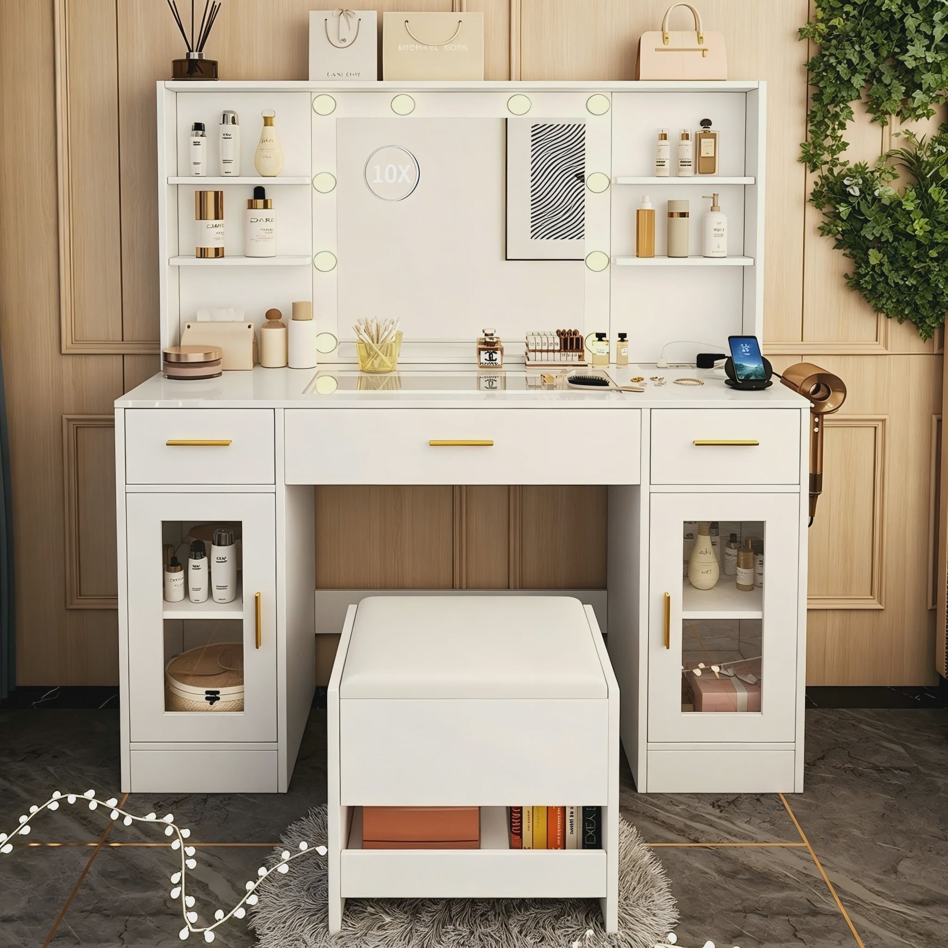 Luxe Kaptafel met Spiegel, Verlichting, Stopcontact & Kruk - Wit