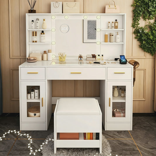 Luxe Kaptafel met Spiegel, Verlichting, Stopcontact & Kruk - Wit