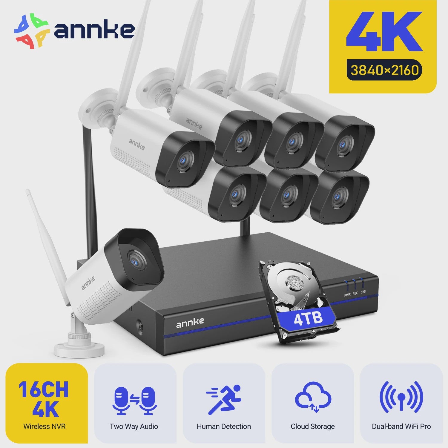 Annke 8MP Draadloos CCTV Systeem: 16-Kanaals NVR, 4K PoE WiFi Camera's met Tweeweg Audio