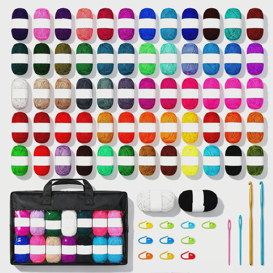 DIY Textile Set，77 Piece Crochet Hook Set With 62 Mixed Color Yarn Balls, 2 Aluminum Crochet Hooks, 2 Knitting Needles, And 10 Anti Slip Pins