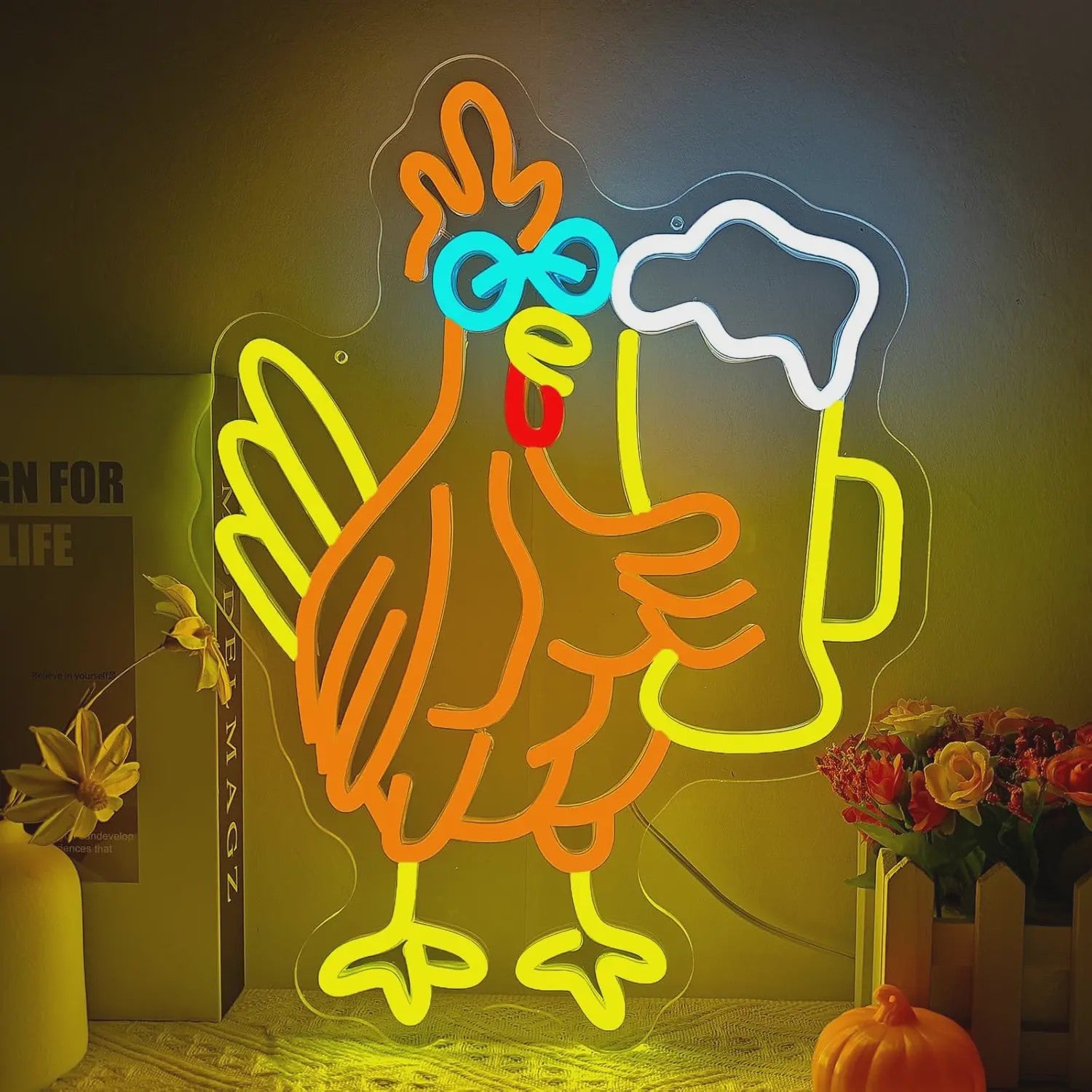 Grappige Haan met Bier Glas Neon Sign - Sfeerverlichting voor Man Cave, Bar & Pub