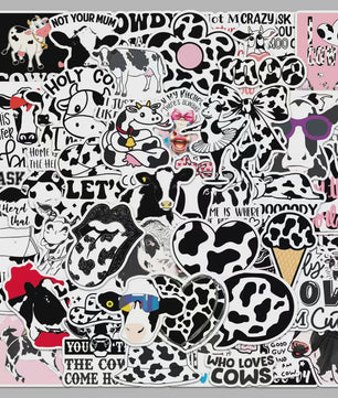 50x Trendy Cartoon Koe Stickers - Zwart-Wit Dierenprint Decals voor Telefoon, Tablet & Boxen