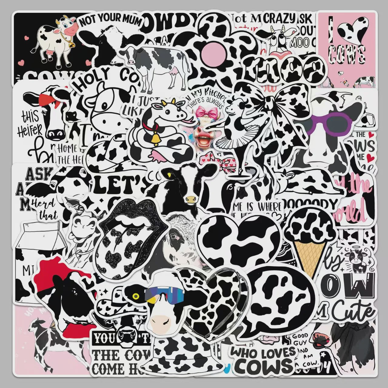50x Trendy Cartoon Koe Stickers - Zwart-Wit Dierenprint Decals voor Telefoon, Tablet & Boxen