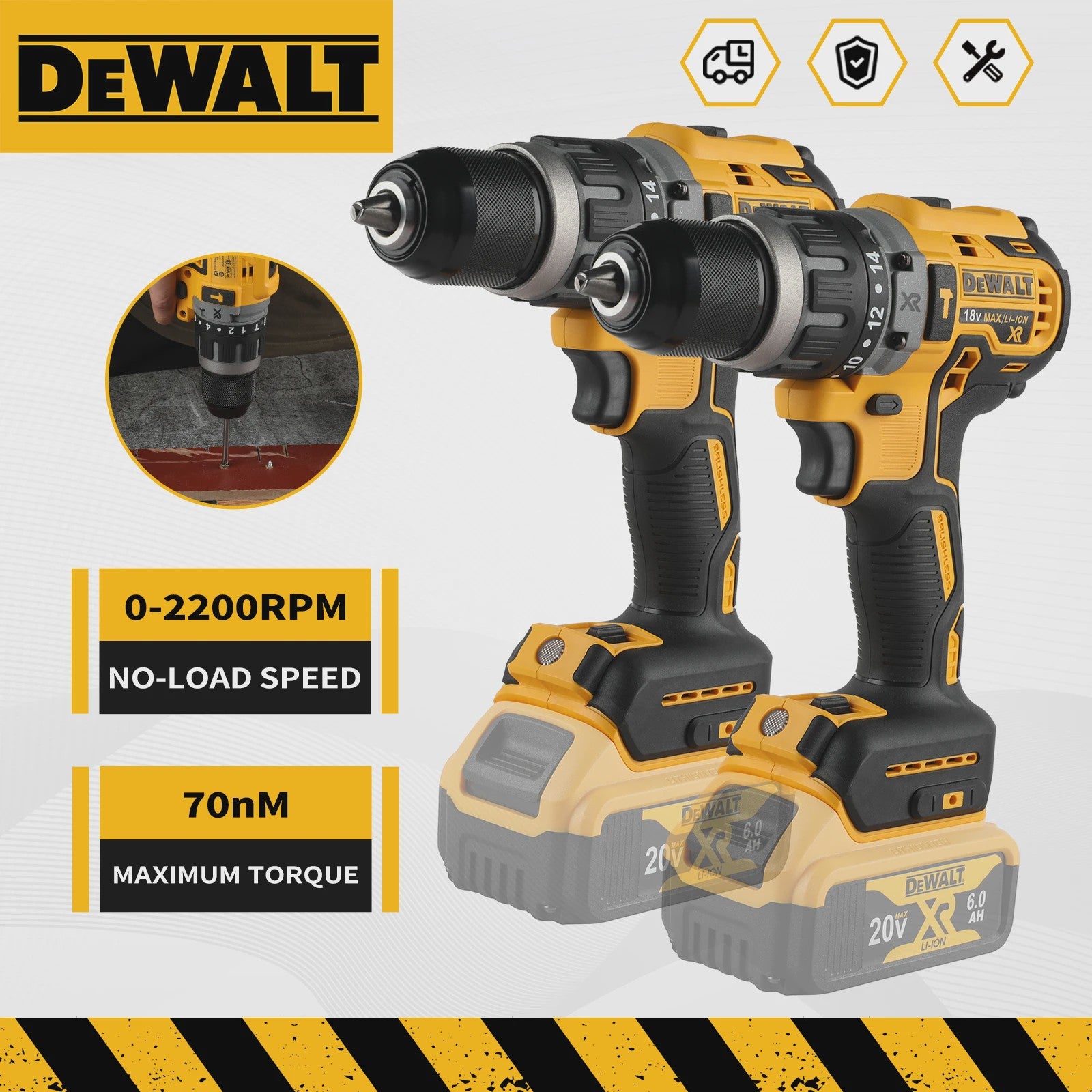DeWalt DCD796 Accuboormachine 20V Brushless - 2200 RPM, 70Nm, 14+1 Koppeling