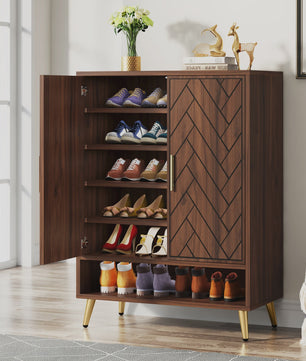 Stijlvolle 6-Laags Houten Schoenenkast met Deuren - Walnoot Design