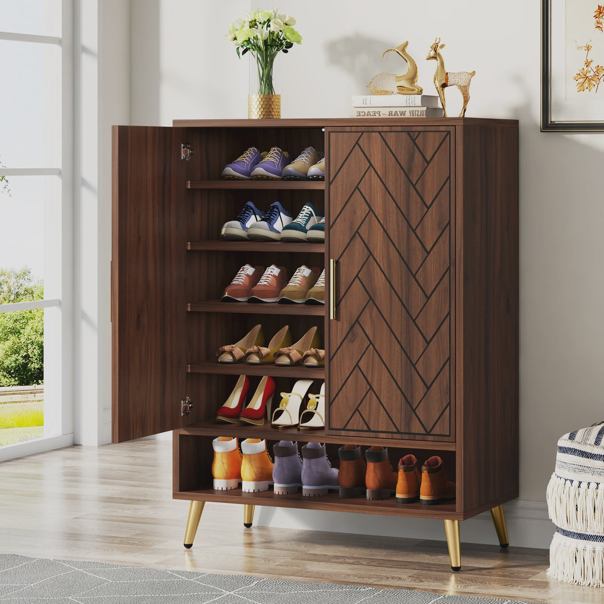 Stijlvolle 6-Laags Houten Schoenenkast met Deuren - Walnoot Design