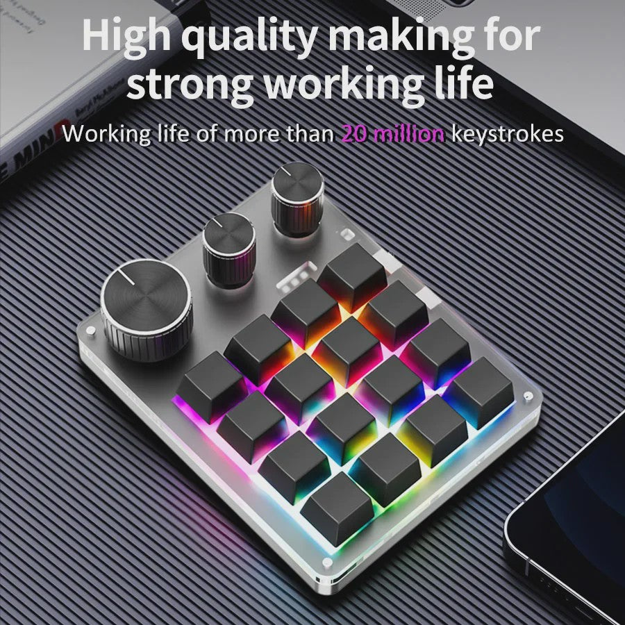 Compact Mechanisch Macro Toetsenbord met Draaiknop - 3 Modi (2.4G, Bluetooth, USB)