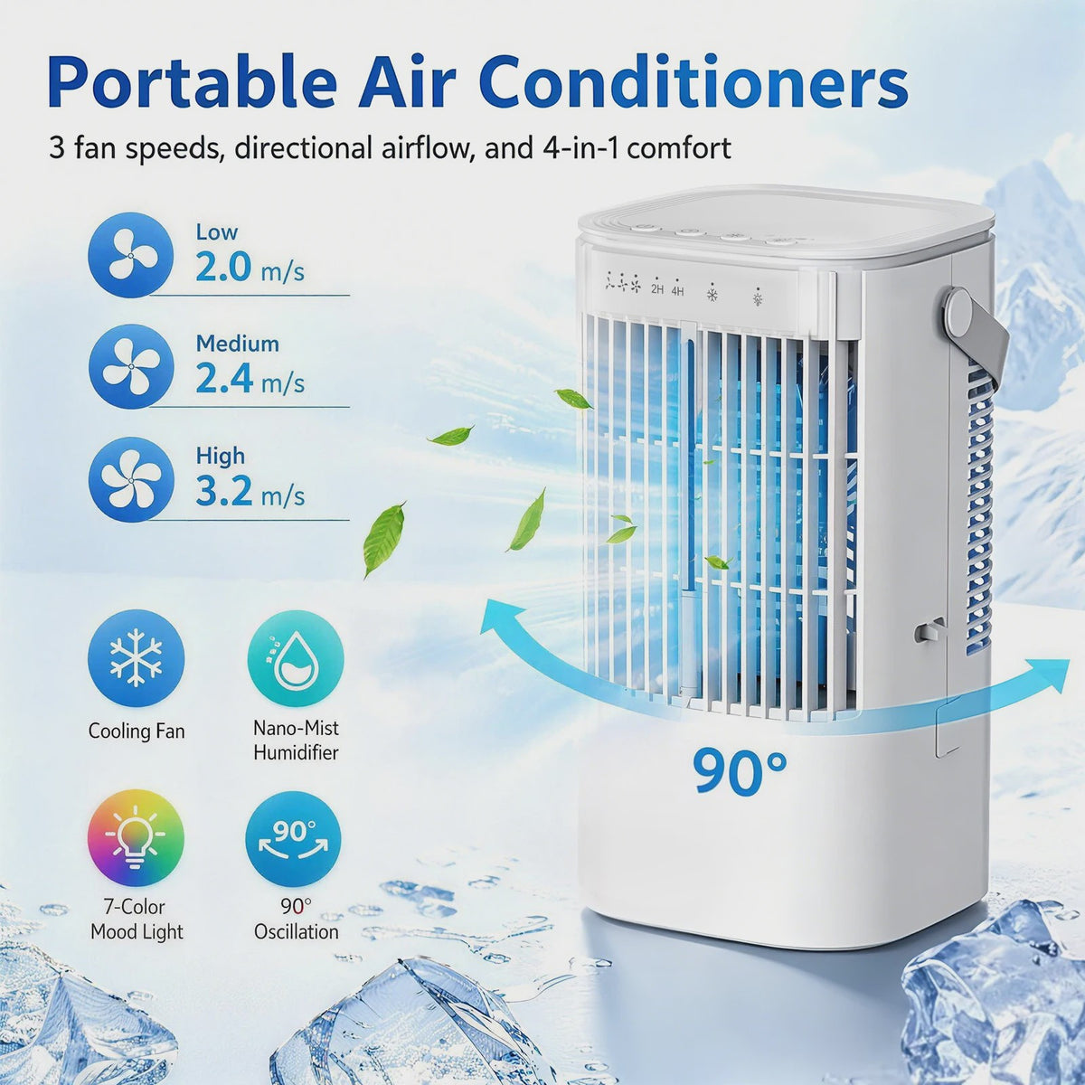 Draagbare Ventilator met 900ml Tank, 7-kleuren Nachtlampje & USB - Ideaal voor Huis en Kantoor