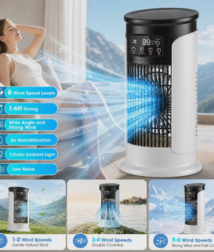 Draagbare USB Airco Ventilator met Verneveling & Luchtkoeler - 6 Snelheden, LED Display, Timer