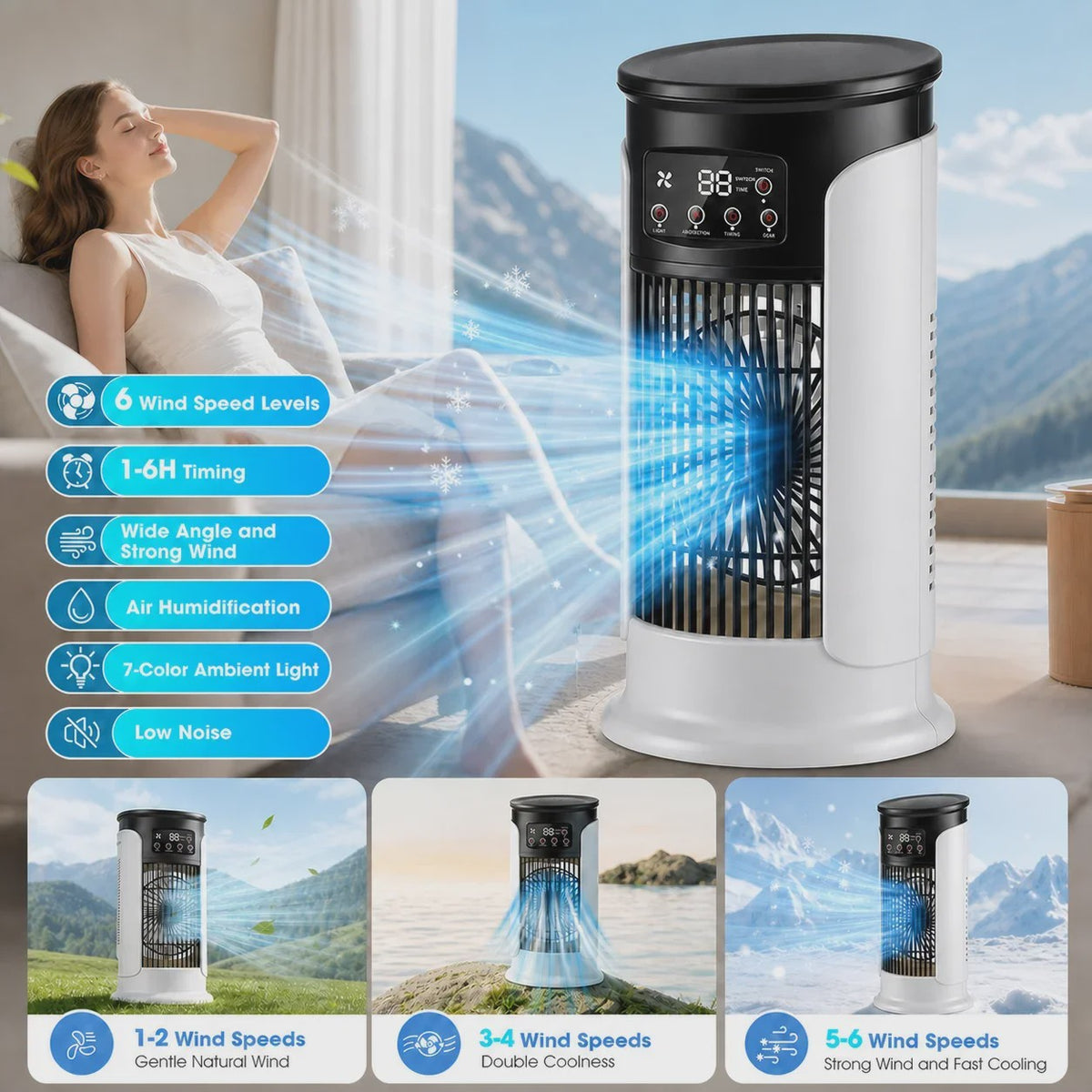 Draagbare USB Airco Ventilator met Verneveling & Luchtkoeler - 6 Snelheden, LED Display, Timer