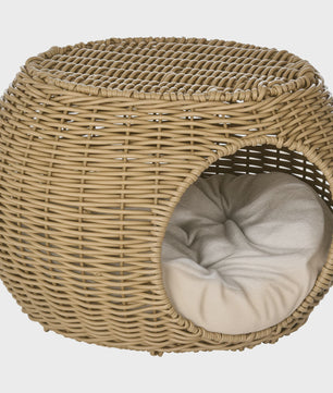 PawHut Kattenmand Niche Rond Rotin PE met Zacht Kussen - Ø 40x30 cm Lichtbruin