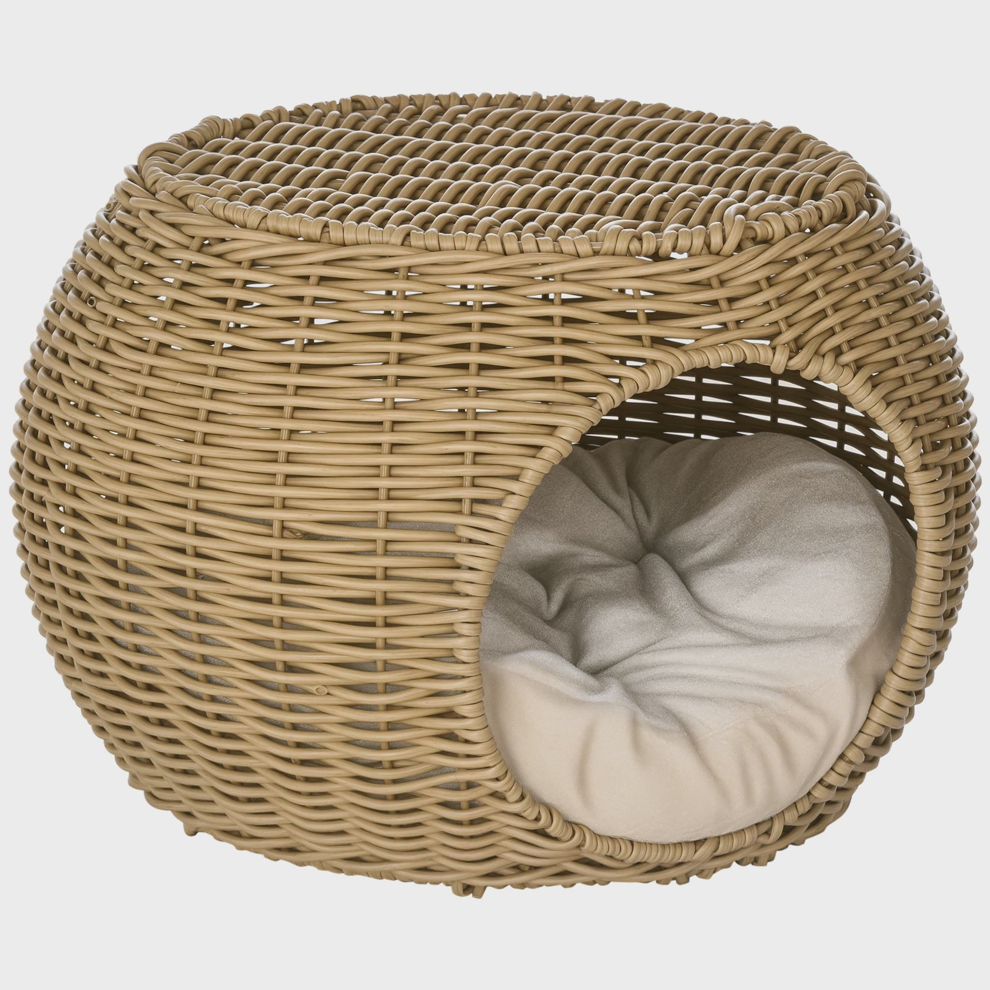 PawHut Kattenmand Niche Rond Rotin PE met Zacht Kussen - Ø 40x30 cm Lichtbruin