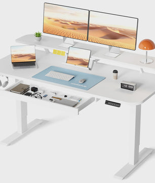 Elektrisch Verstelbaar Bureau met Lade en Monitor/Tablet Stand - Wit