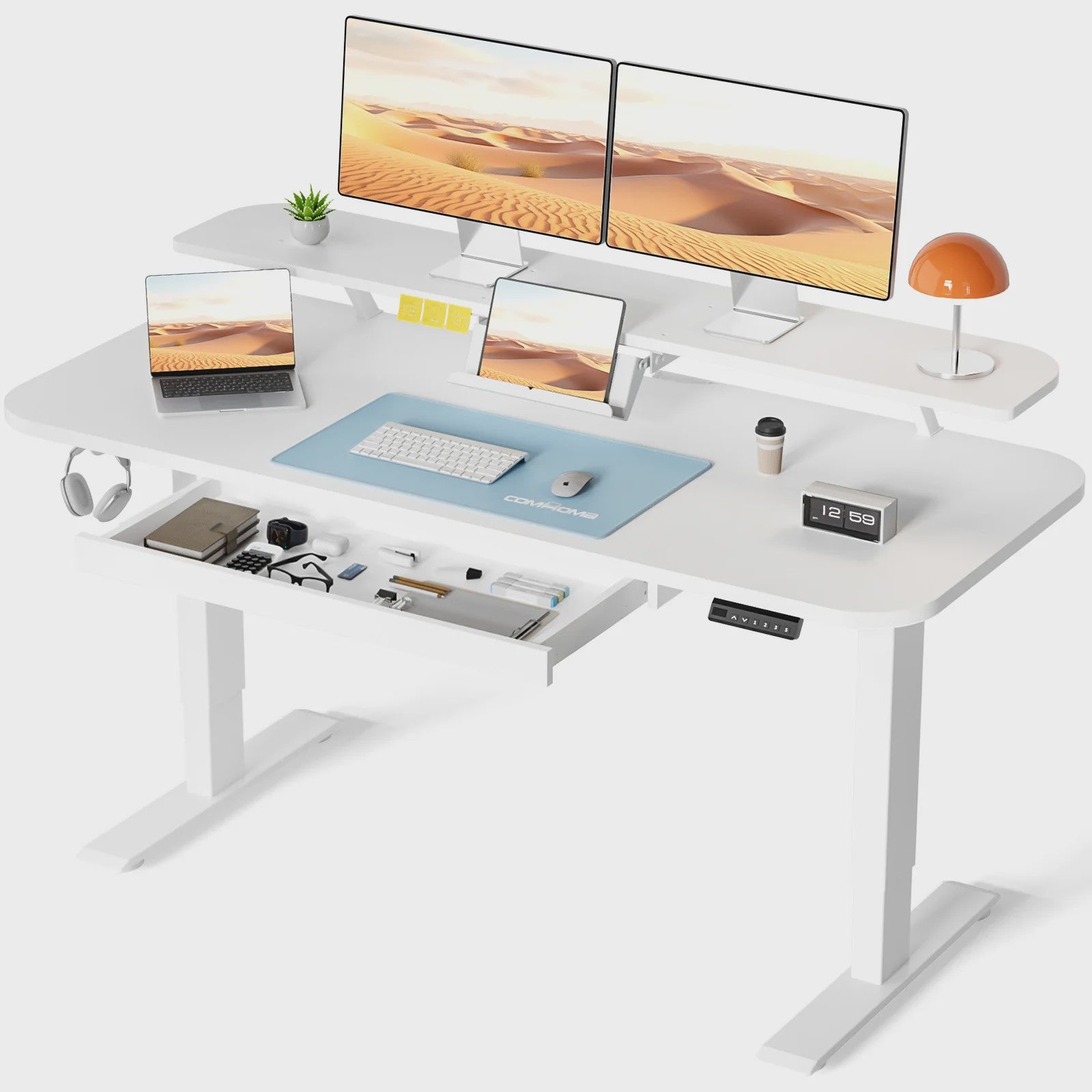 Elektrisch Verstelbaar Bureau met Lade en Monitor/Tablet Stand - Wit