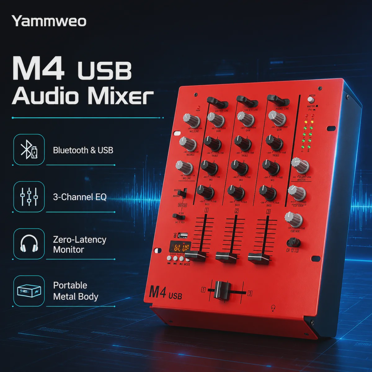 Yamnweo M4 Mini DJ Mixer - 3 Kanaals Audio Console met Bluetooth, USB MP3 & EQ