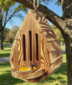 Houten Vlinderhuisje met Voederbakje & Ophangtouw - Decoratief Bijenhotel voor Tuin & Balkon