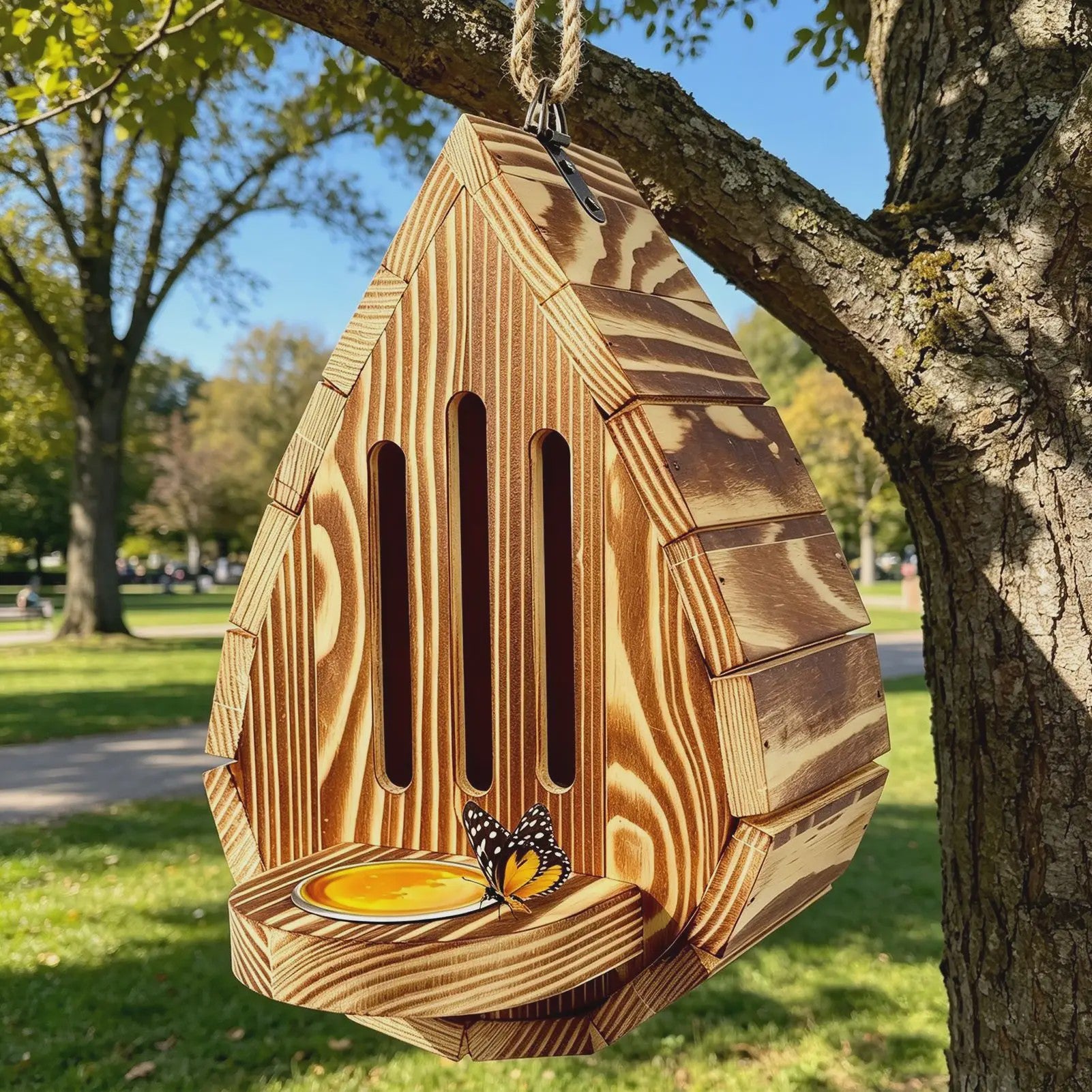 Houten Vlinderhuisje met Voederbakje & Ophangtouw - Decoratief Bijenhotel voor Tuin & Balkon
