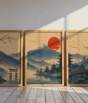 Set van 3 Japanse Muurkunst Prints: Fuji, Torii Poort & Pagode