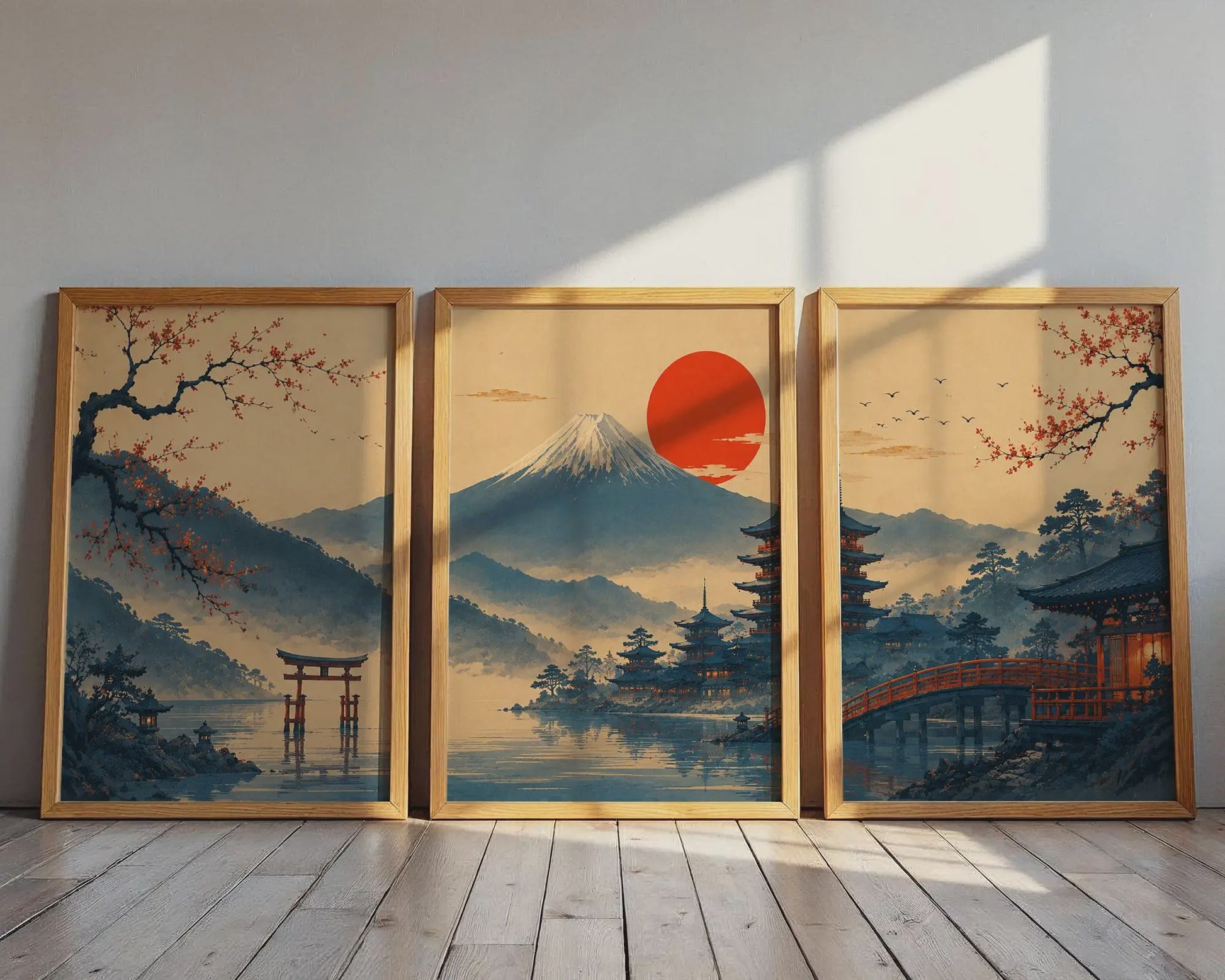 Set van 3 Japanse Muurkunst Prints: Fuji, Torii Poort & Pagode