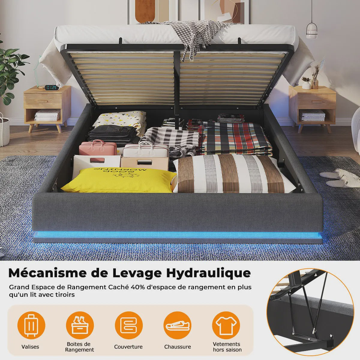 160x200cm Boxspring Bed met Hydraulische Opbergruimte en RGB LED Verlichting