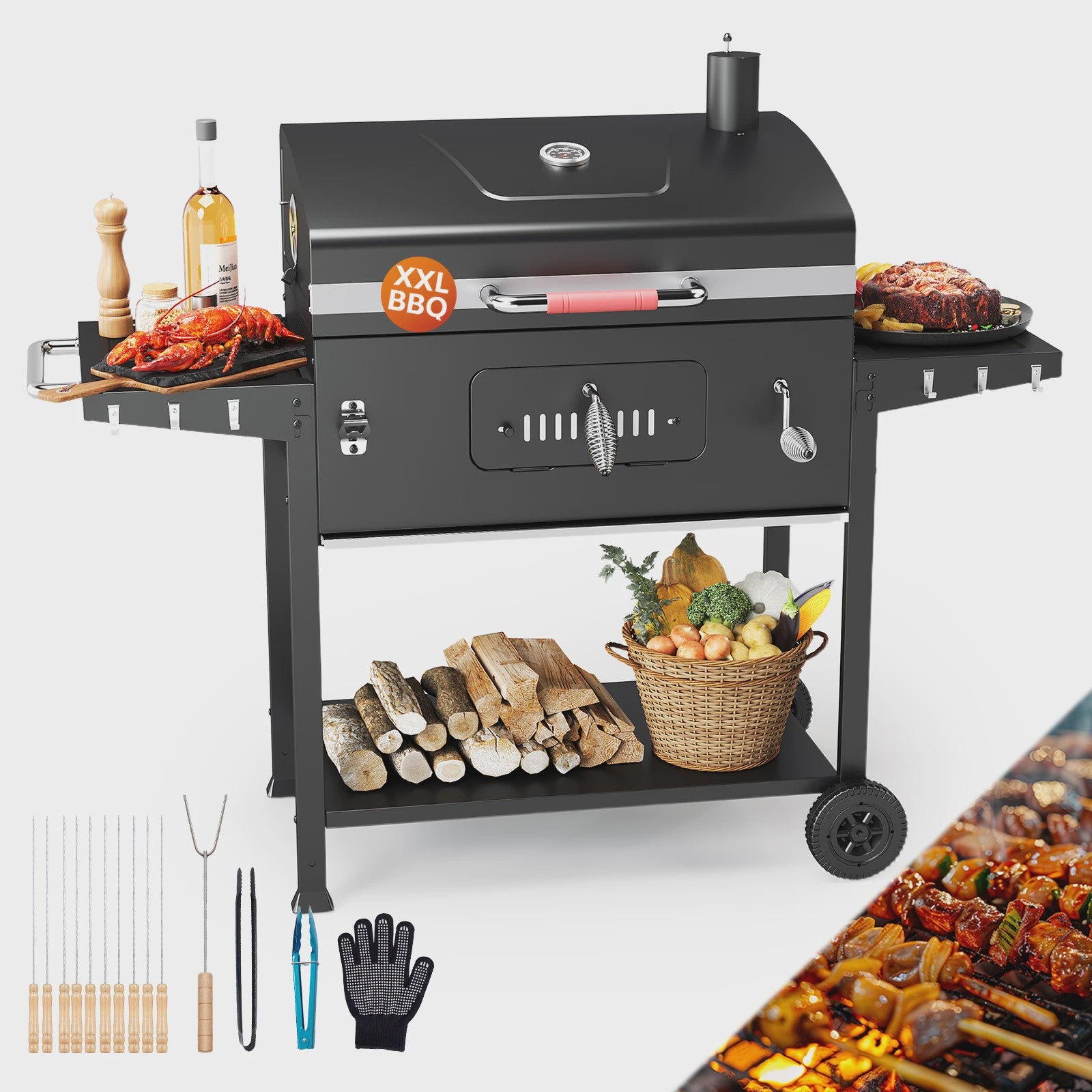 Devoko Professionele Koolbarbecue Trolley met Thermometer en Zijpanelen