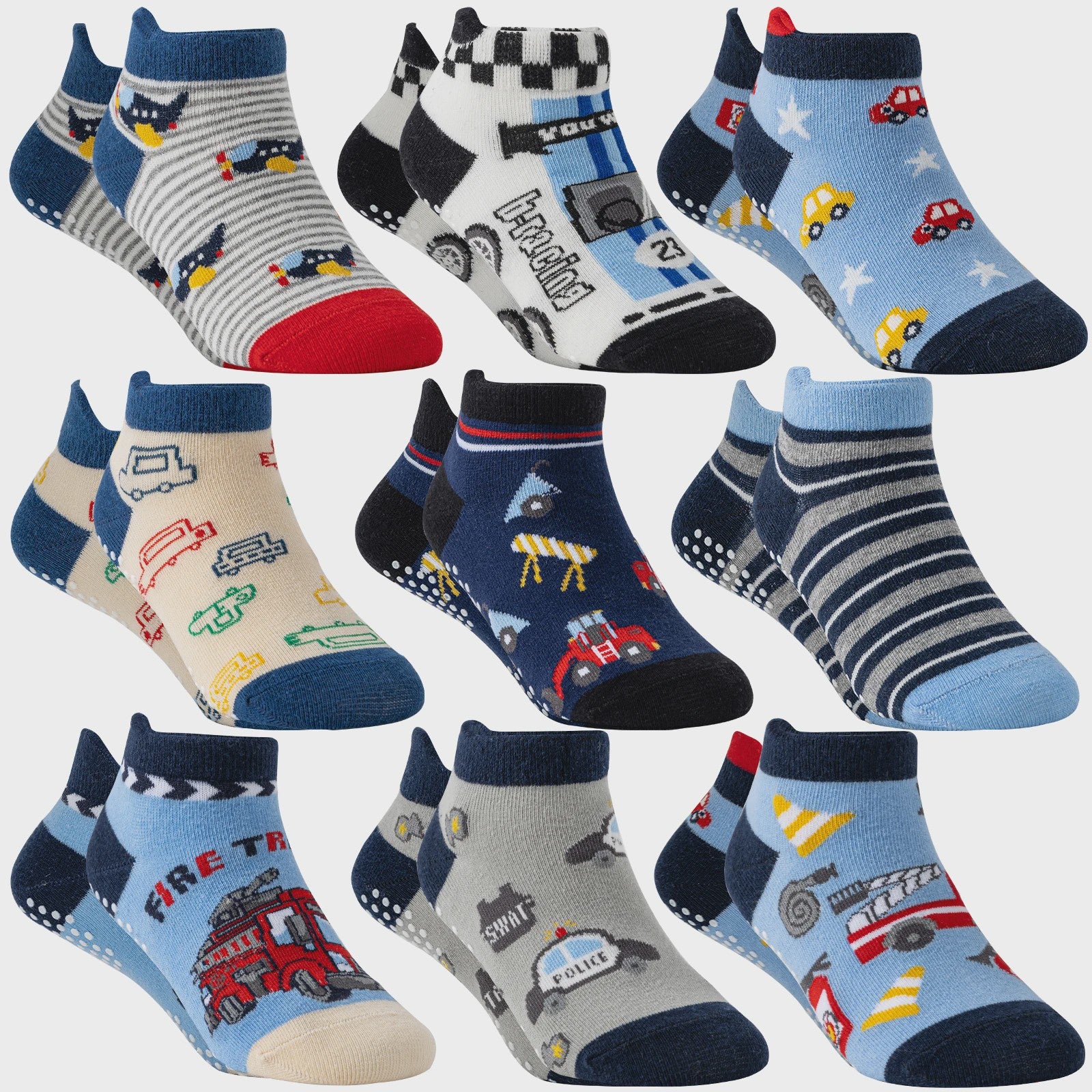 9 Paar Babysokken Jongens - Antislip Enkel Sokken met Auto Print & Grip - Katoen