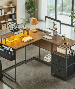 L-Hoekbureau met LED, 3 Stopcontacten, 2 USB-poorten, 2 Laden & Monitorstandaard