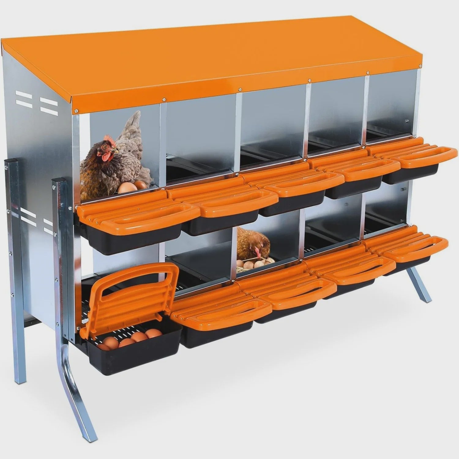 Stabiele Metalen Kippen Nestkast met Stand - 12 Vakken - Automatische Ei-verzameling