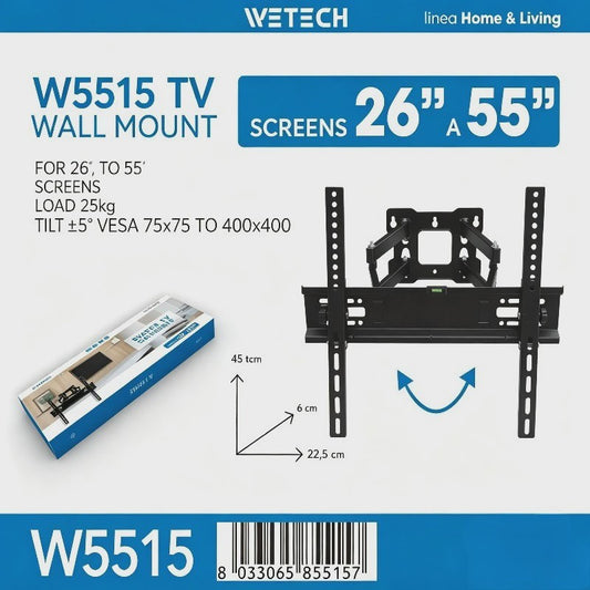 WETECH W5515 TV Muurbeugel: Volledig Beweegbaar voor 26-55 Inch TV's, 25kg Draagkracht, Kantelbaar & VESA Compatibel